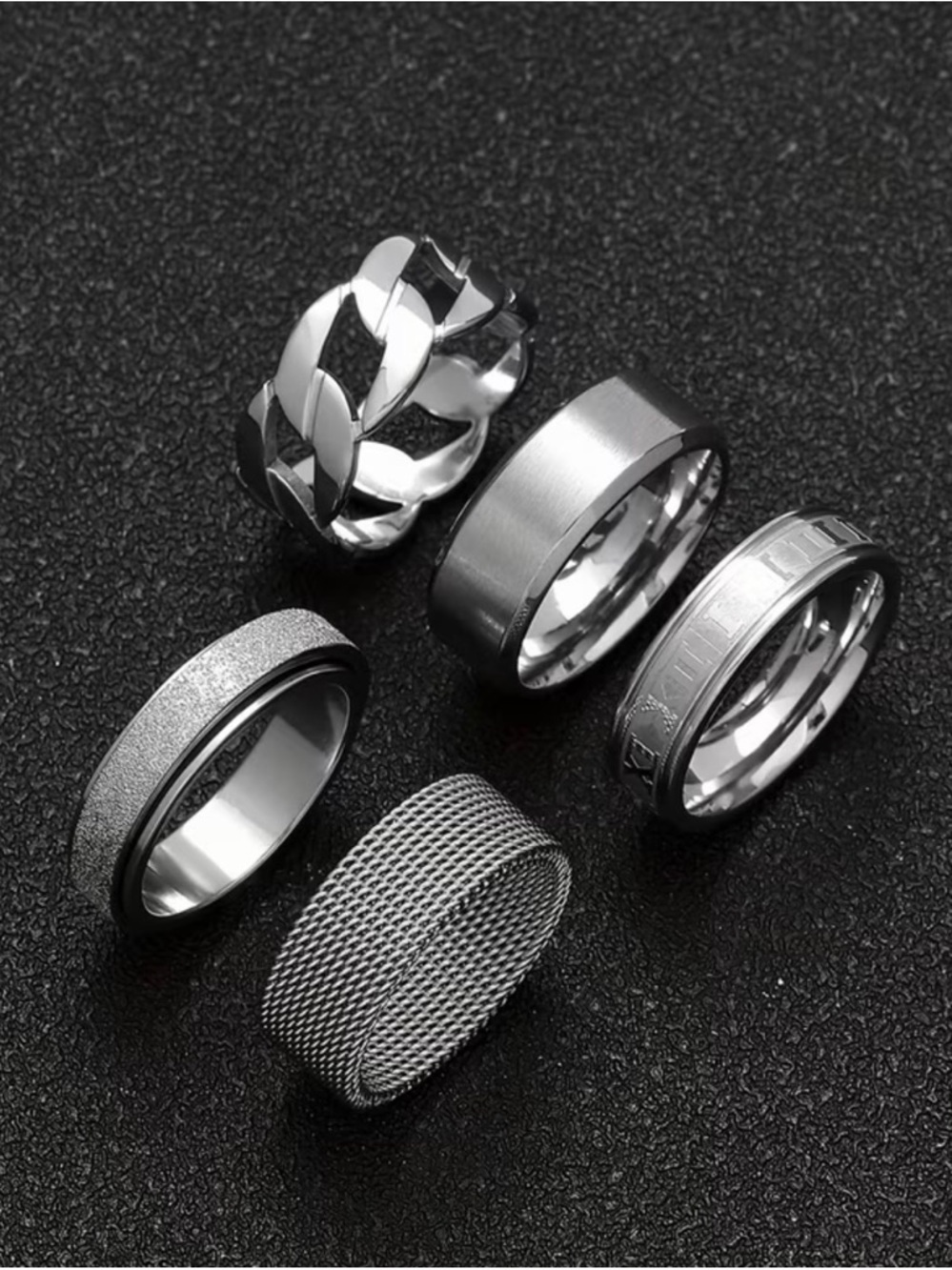 NWT Men’s Stainless Steel Ring Set 5pc Size 8 Silver Minimalist